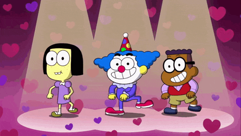 three cartoon characters are dancing on a stage in front of hearts