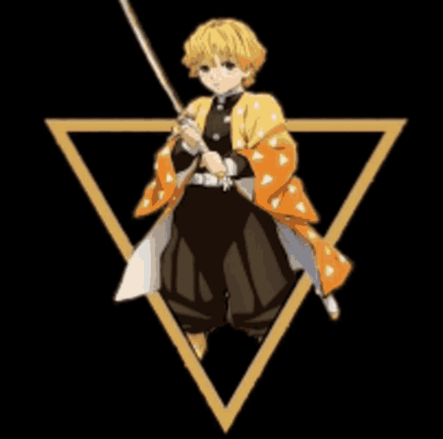 a yellow haired anime character is holding a sword in a triangle .