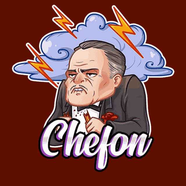 a cartoon of a man in a suit with the word chefon on the bottom right