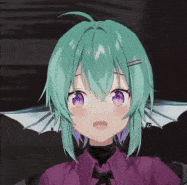 a close up of a anime girl with green hair and purple eyes .