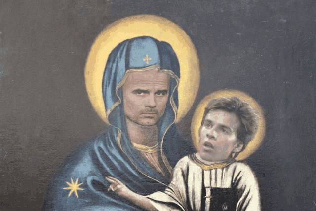 a painting of a woman holding a child with a cross on her hat