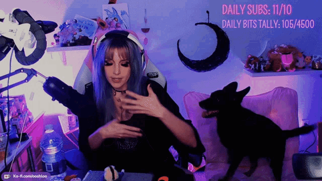 a girl with purple hair is sitting in front of a screen that says daily subs 11/10 daily bits tally 105/4600