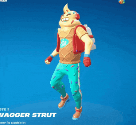 a video game character named wagger strut is wearing a waffle cone outfit