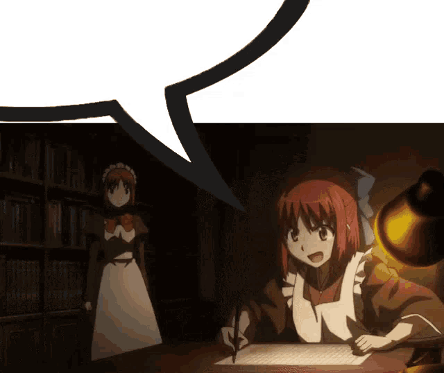 a girl with red hair is writing on a piece of paper while another girl stands behind her