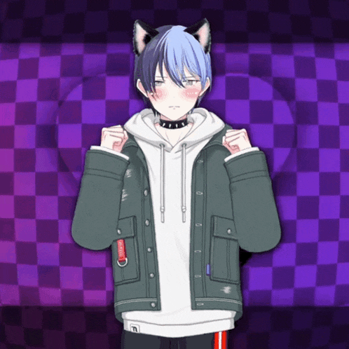 a boy with a cat ear and a choker is standing in front of a checkered background