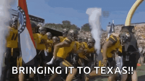 a group of football players are running on a field with the words `` bringing it to texas '' written on the bottom .