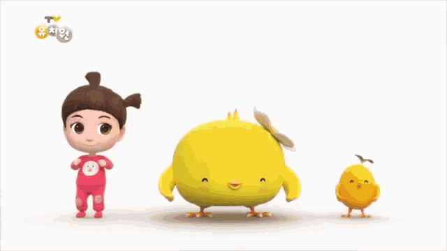a little girl stands next to a yellow chicken and a smaller yellow chicken with a flower on its head