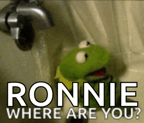 kermit the frog is standing in a bathroom with the words ronnie where are you below him