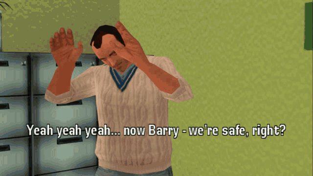 a man in a blue shirt stands next to a man in a red hat and says yeah yeah yeah now barry