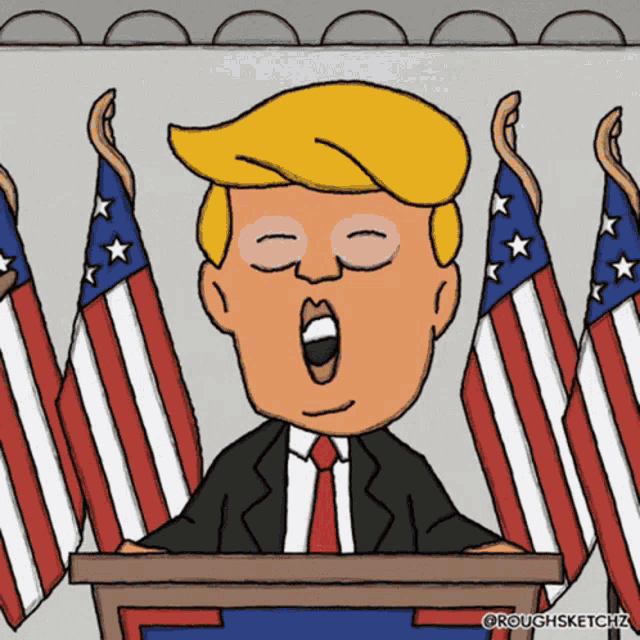 a cartoon of donald trump giving a speech with american flags in the background