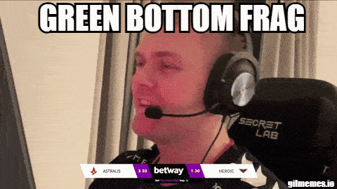 a man wearing headphones with the words green bottom frag written above him