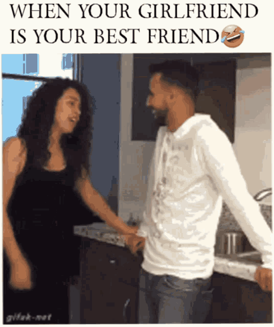 a man and a woman are holding hands in a kitchen with a caption that says when your girlfriend is your best friend