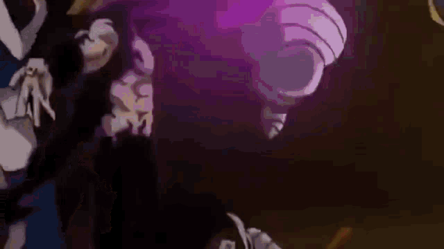 a group of people are standing next to each other in a dark room with a purple background .