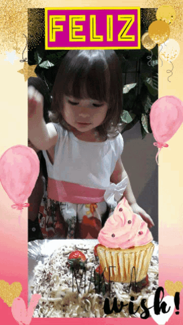 a picture of a little girl with a cupcake and the word feliz on top