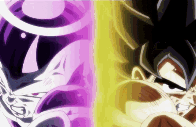 a purple and a yellow cartoon character are fighting each other