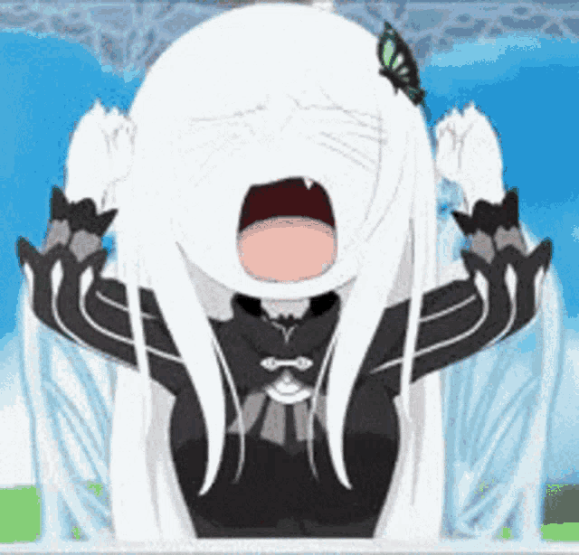 a cartoon girl with white hair and a butterfly in her hair is screaming .