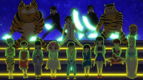 a group of people standing next to each other with a tiger behind them