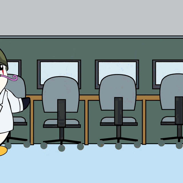 a cartoon of a man in a lab coat with a purple nose