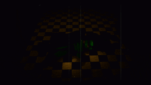 a dark room with a checkered floor and a green object in the middle
