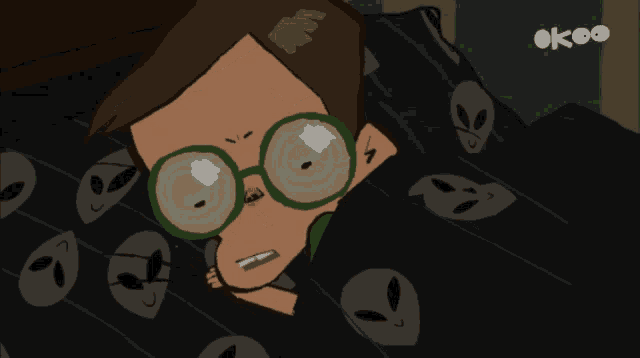 a cartoon of a boy wearing glasses laying on a bed with alien faces