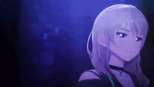 a girl with long hair and a choker is standing in a dark room with a blue background .