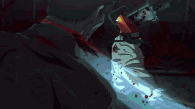 a man is laying on the ground with blood coming out of his head and a sword in his hand .