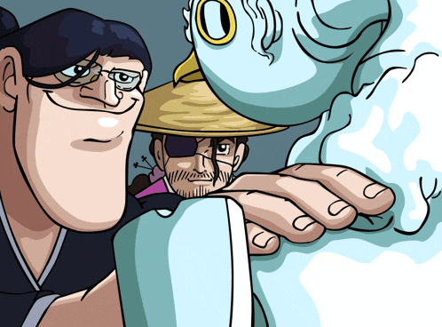 a cartoon of a man in a straw hat looking at another man with an eye patch