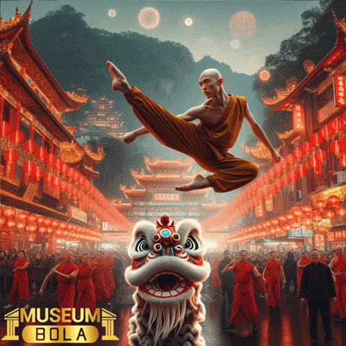 a poster for museum bola shows a man jumping over a dragon