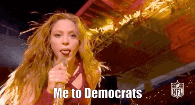 a woman singing into a microphone with the words me to democrats written on the bottom