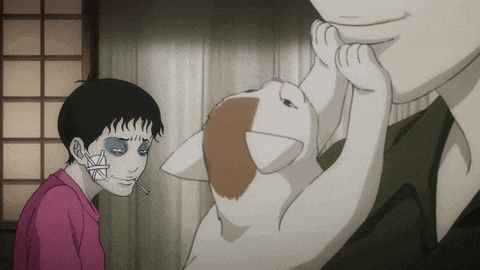 a cartoon of a man holding a cat 's paw
