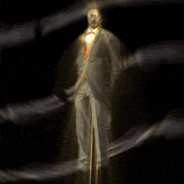 a man in a tuxedo and bow tie is surrounded by purple lines