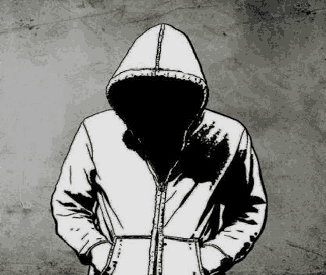 a black and white drawing of a person wearing a hoodie with a hood .