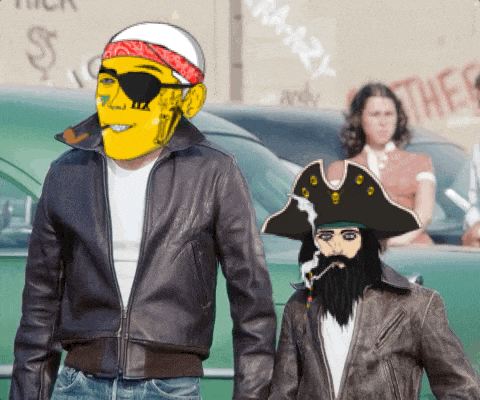 a man with a bandana on his head is standing next to a man with a pirate hat on