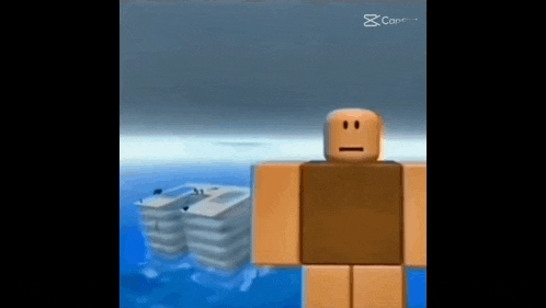 a roblox character with a sad face is standing in front of a body of water .