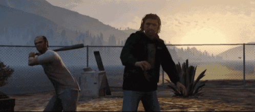 a man holding a bat is standing next to another man holding a gun