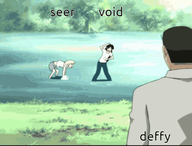 a cartoon of a man standing in a field with the words seer void deffy