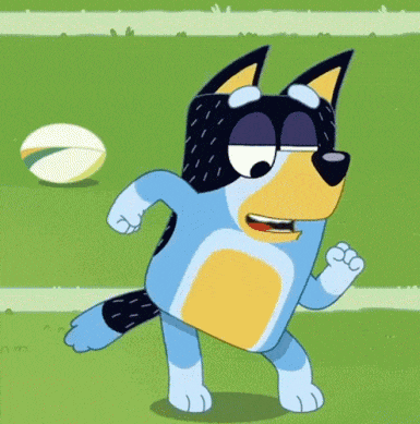 a cartoon dog is running on a field with a ball in the background