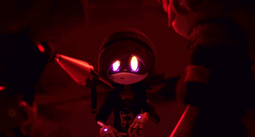 a cartoon character with red eyes and a shirt that says ' avengers '