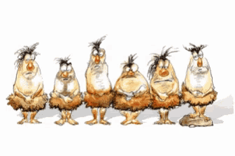 a group of cartoon characters are standing in a row
