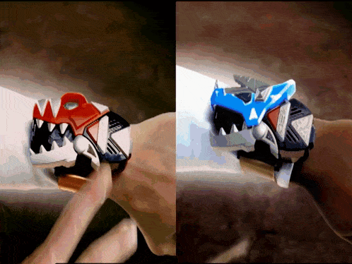 a person is wearing a red and white shark bracelet