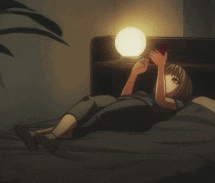 a cartoon of a woman laying on a bed with a lamp on the nightstand