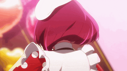 a girl with pink hair is wearing a white hat and an apron