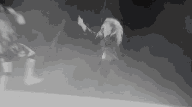 a black and white photo of a person standing in the fog .