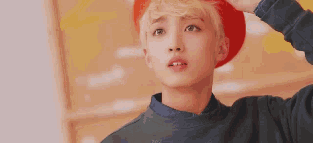 a young man with blonde hair wearing a red hat and a green sweater .