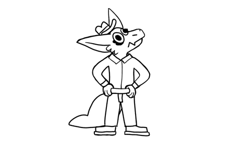 a black and white drawing of a fox wearing a hat and tie .