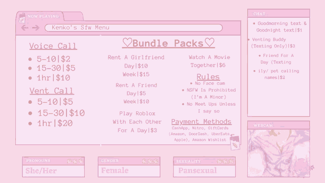 a pink screen shows a list of bundles including rent a girlfriend and watch a movie together