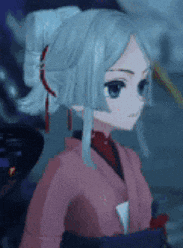 a girl with white hair and blue eyes is wearing a pink kimono and has a bun in her hair .