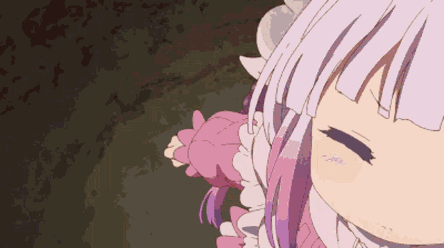 a pixel art of a girl with purple hair and a pink dress