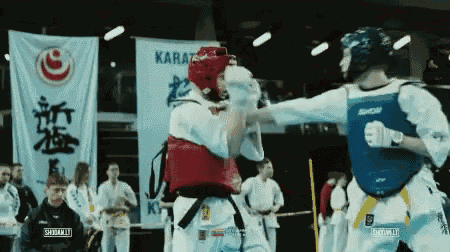 two karate fighters are fighting in front of a banner that says karate on it