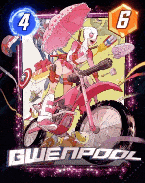 a poster of gwenpool riding a motorcycle